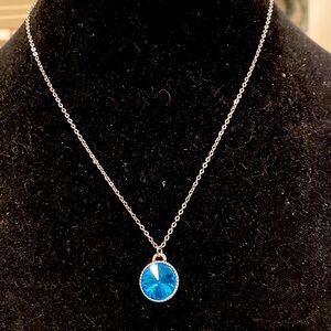 Teal Blue Rivoli  Pendant and Silver Tone Chain.